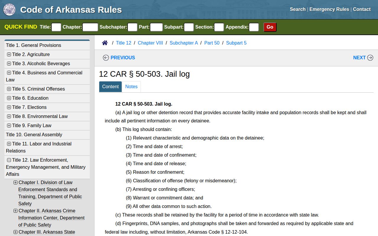 Arkansas jail log requirements applicable to Polk County intake and release records