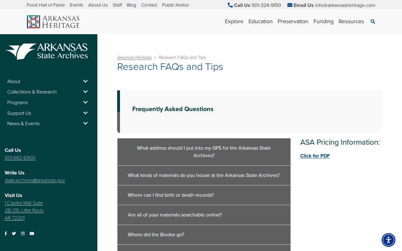 Arkansas State Archives county record research and Ask an Archivist options