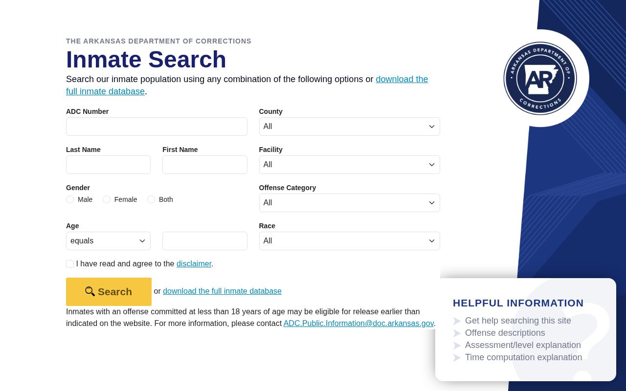 Arkansas Division of Correction inmate search disclaimer and fields