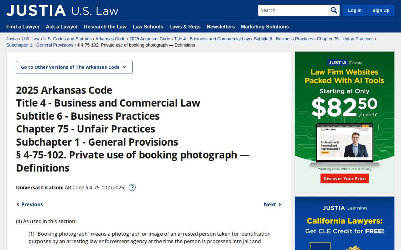 Arkansas Code section 4-75-102 booking photograph publication and removal text